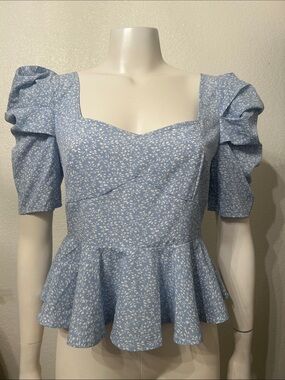 SHEIN Light Blue Floral Peplum Puff-Sleeve Top NWOT